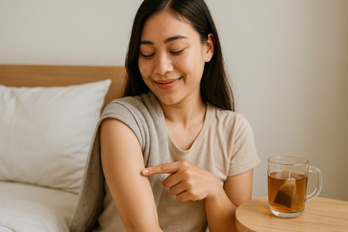 Cách đắp bã trà túi lọc lá đơn đỏ lên da